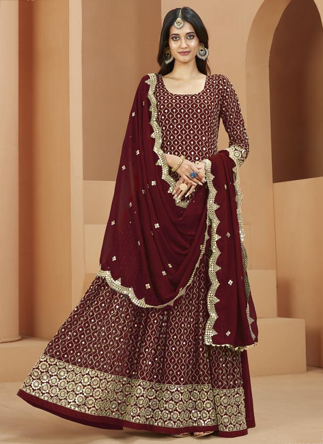 Faux Georgette Red Festival Wear Weaving Anarkali Suit